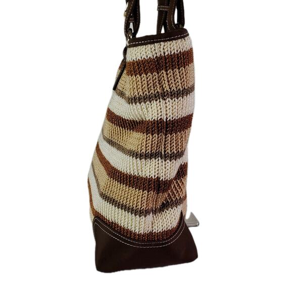 The SAK Beige Brown Stripe Crochet Shoulder Bag Purse Double Handle Satchel - Picture 10 of 16